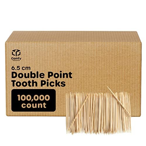 Comfy Package [Case of 100,000] Bamboo Wooden Toothpicks - Wood Round Double - Points Teeth Tooth Picks
