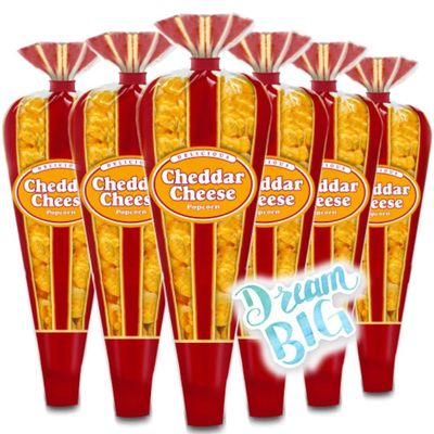 Gourmet Popcorn - LIMITED EDITION 6 Cheddar Cheese Mini Cones - Small Storage Space Friendly & Great Stocking Stuffers! 5.4oz total and Exclusive Inspirational Sticker!