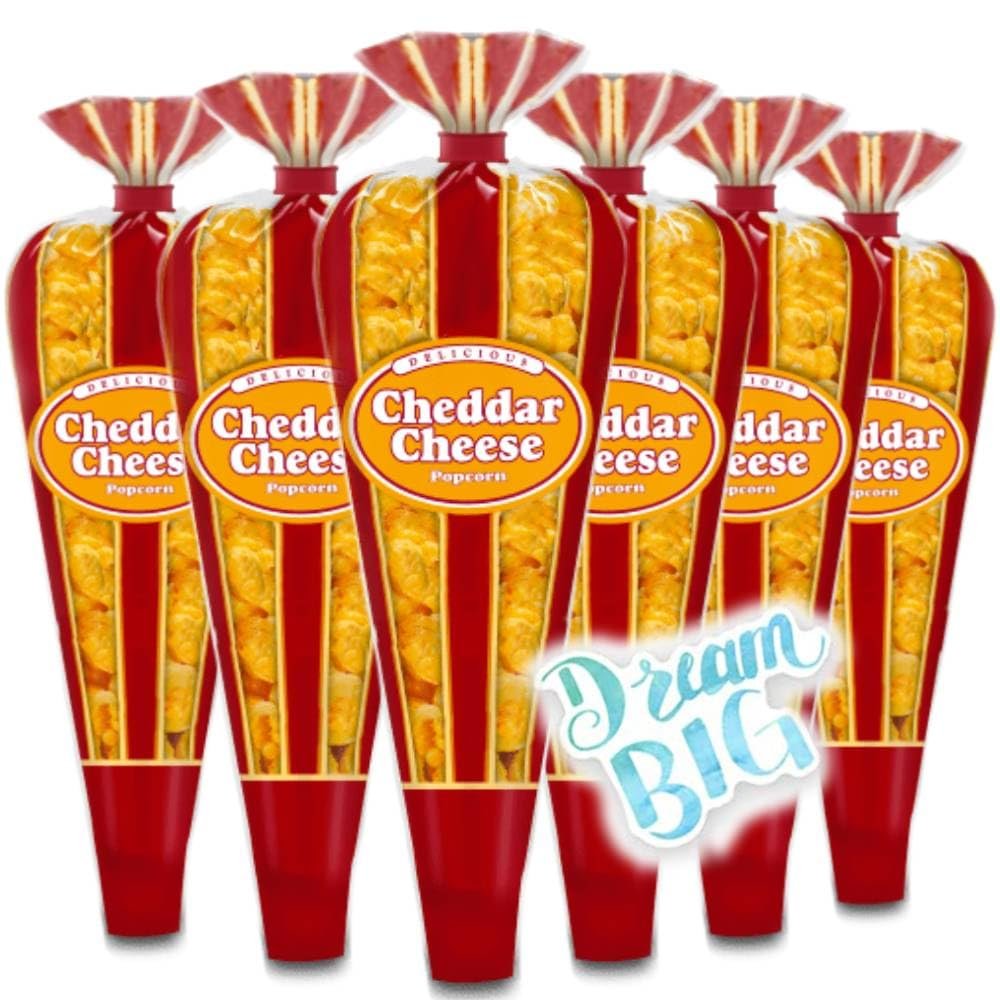 Gourmet Popcorn - LIMITED EDITION 6 Cheddar Cheese Mini Cones - Small Storage Space Friendly & Great Stocking Stuffers! 5.4oz total and Exclusive Inspirational Sticker!