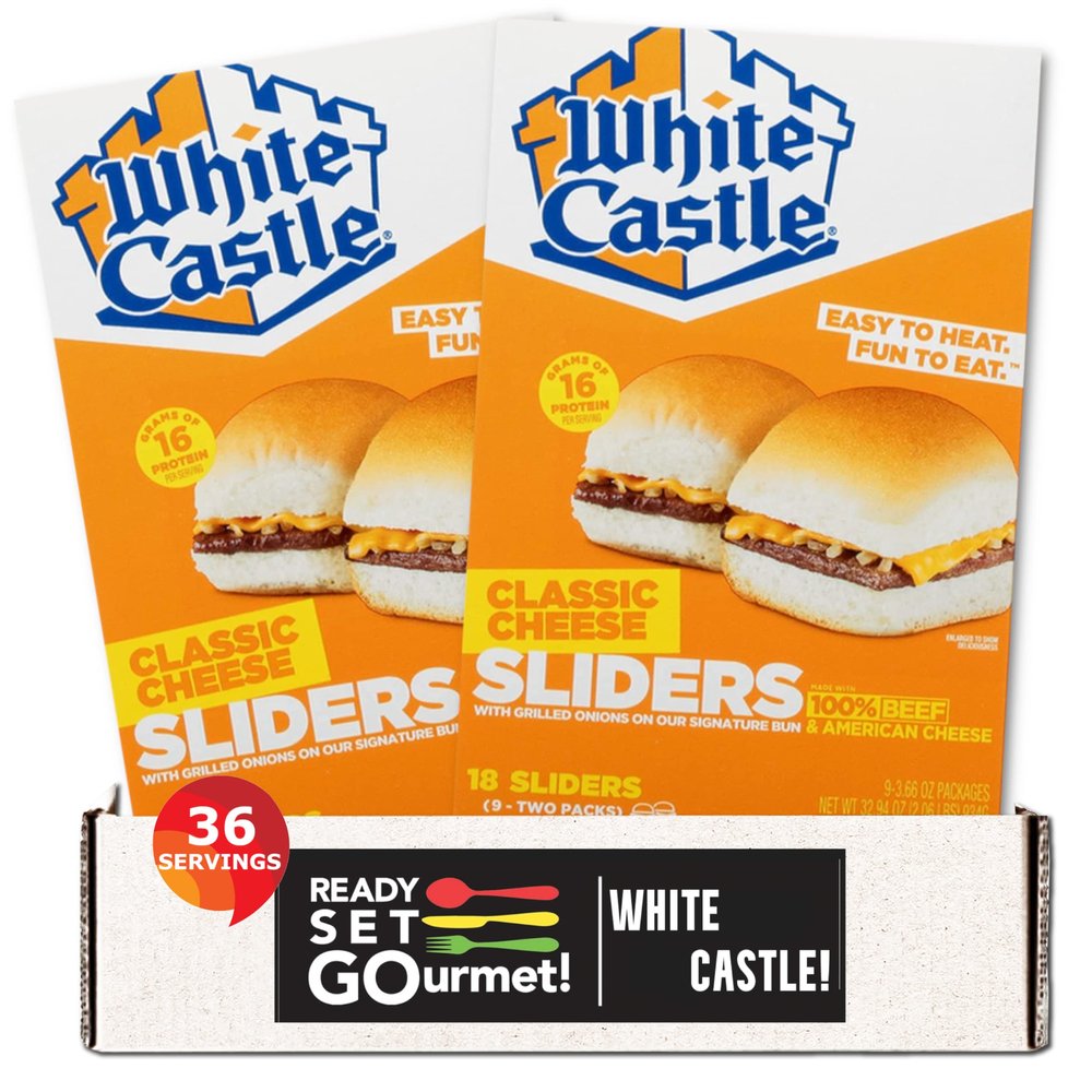 White Castle Classic Cheese Sliders | 2 Boxes (18 Sliders Per Box, 36 Total Sliders) - Sliders with grilled onions on signature Bun - Ready Set Gourmet Donate a Meal Program