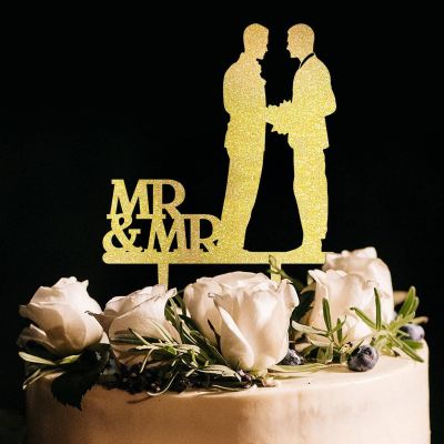 Groom And Groom Cake Topper Gay Couple Silhouette LGBT Wedding Toppers Customized Funny Acrylic Gay Wedding Cake Decorations For Wedding Aniversary Party Engagement, Gold Glitter Wood
