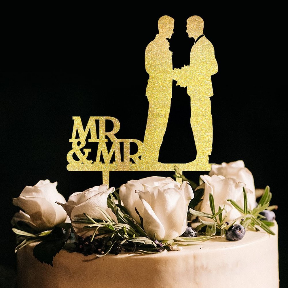Groom And Groom Cake Topper Gay Couple Silhouette LGBT Wedding Toppers Customized Funny Acrylic Gay Wedding Cake Decorations For Wedding Aniversary Party Engagement, Gold Glitter Wood