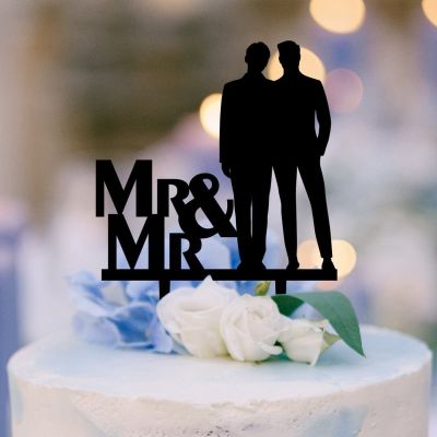 Arupkeer Groom And Groom Cake Toppers Two Men Standing Together Wedding Cake Topper Customized Funny Acrylic Same Sex Gay Cake Decor For Vow Renewal Wedding Anniversary, Black Acrylic