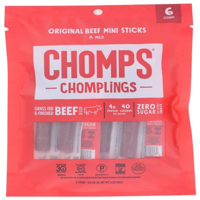 Chomps Original Beef Jerky Snack Mini Sticks, 6 Counts, Grass Fed, 3 Ounces (Pack Of 10)