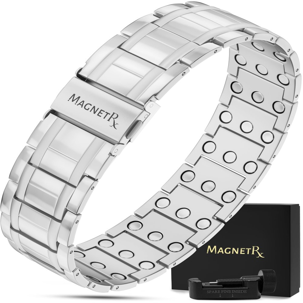 MagnetRX 3X Strength Mens Magnetic Bracelet Titanium Magnetic Bracelets for Men Premium Foldover Clasp & Adjustable Length with Sizing Tool & Gift Box (Silver)