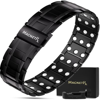 MagnetRX 3X Strength Magnetic Bracelets for Men  Effective Titanium Mens Magnetic Bracelet  Premium Foldover Clasp & Adjustable Length with Sizing Tool & Gift Box (Black)
