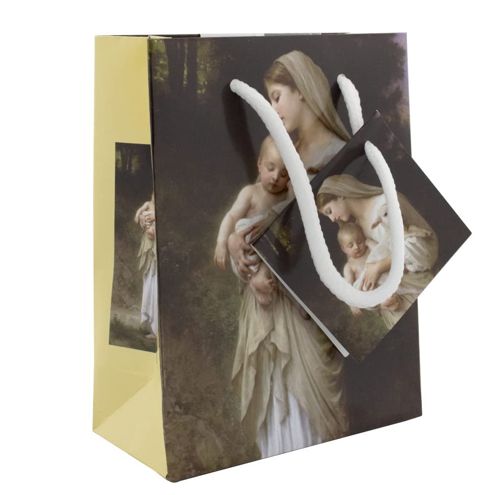 Catholic Gift Bag | Beautiful Marian Designs | Miraculous Medal or Madonna and Child | Includes Tissue Paper and Gift Tag | Great for First Holy Communion and Confirmation (Brown (5" x 4"))