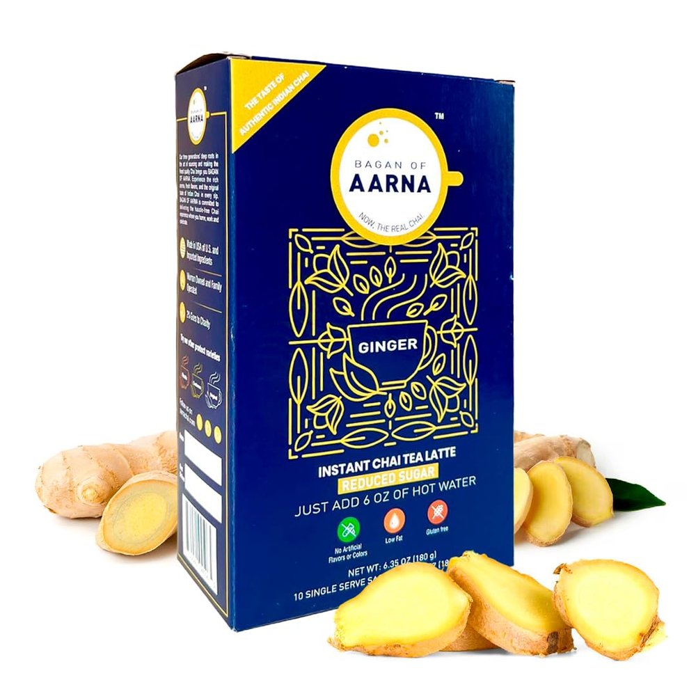 Aarna Instant Ginger Chai, Spiced Tea Mix, All Natural Authentic Chai, Low Sugar, Makes 10 Cups
