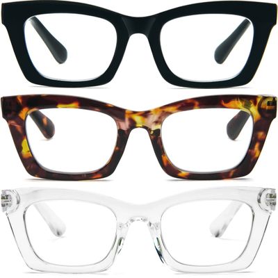 REAVEE 3 Pack Oprah Style Reading Glasses Blue Light Blocking Computer Square Readers for Women with Spring Hinge Anti Glare/Eyestrain 3.5