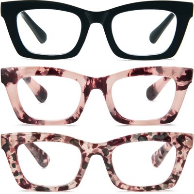 REAVEE 3 Pack Oprah Style Reading Glasses for Women Blue Light Blocking Computer Square Readers with Spring Hinge 2.0