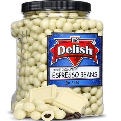 White Chocolate Covered Espresso Beans, by It's Delish, 3 Lbs Jumbo Reusable Container | Coffee Lovers Snack | Gourmet Chocolates Candy Snacks | Made in USA, Kosher Dairy