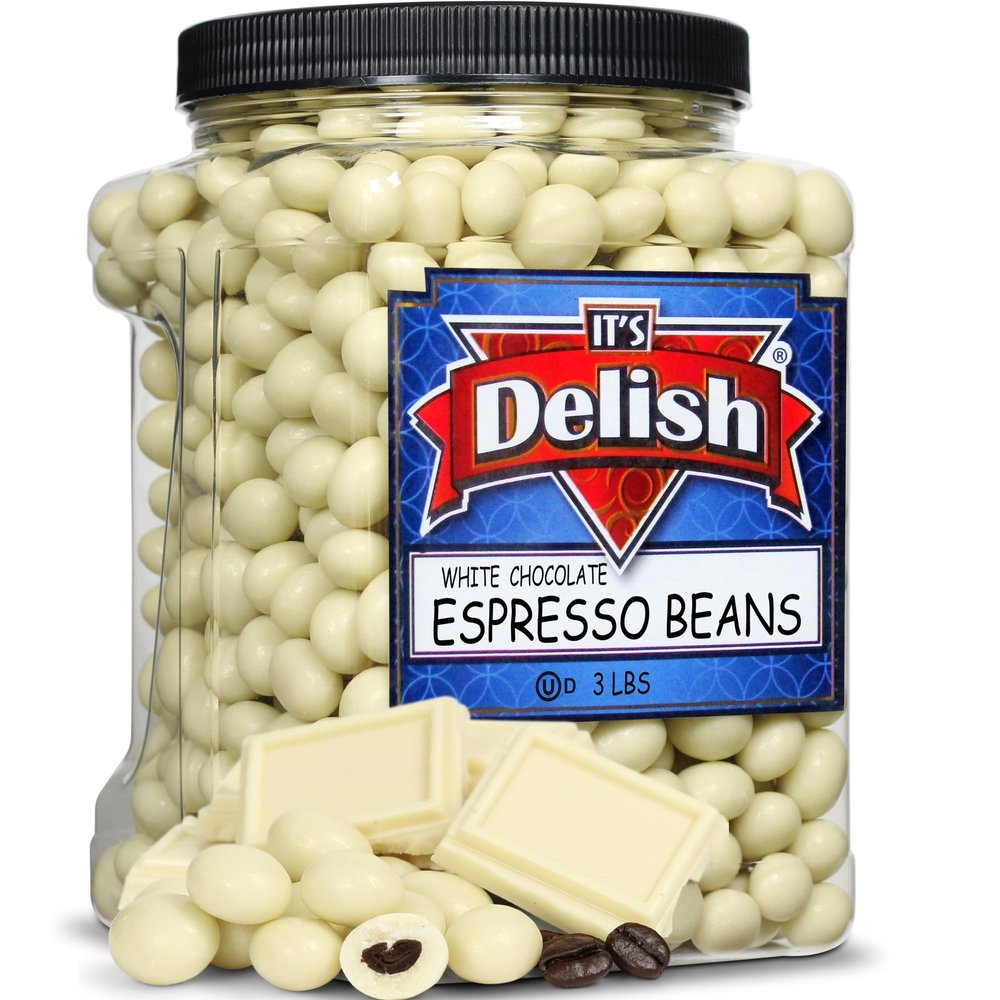 White Chocolate Covered Espresso Beans, by It's Delish, 3 Lbs Jumbo Reusable Container | Coffee Lovers Snack | Gourmet Chocolates Candy Snacks | Made in USA, Kosher Dairy