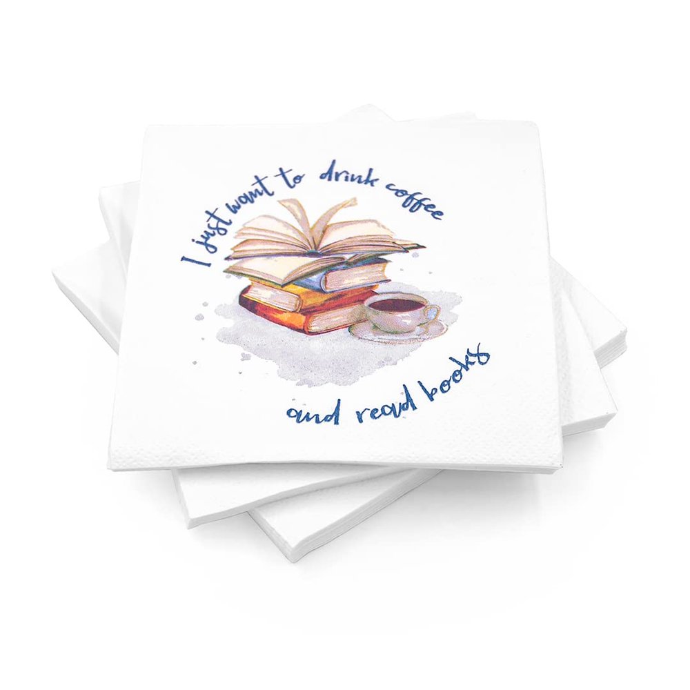 30 Pk, "Books & Coffee" Beverage 3-Ply Paper Party Napkins for Book Clubs and Events, Lunches, Garden Parties, Tea Time