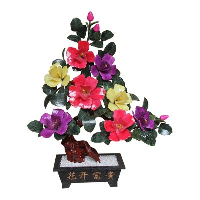 TOMYEUS Artificial Bonsai Tree Feng Shui Tabletop Bonsai Tree with Jade Stone Flower Money Tree Artificia Flower Jade Bonsai for Home Office Decor (8 Peony Flowers) Maintenance Free