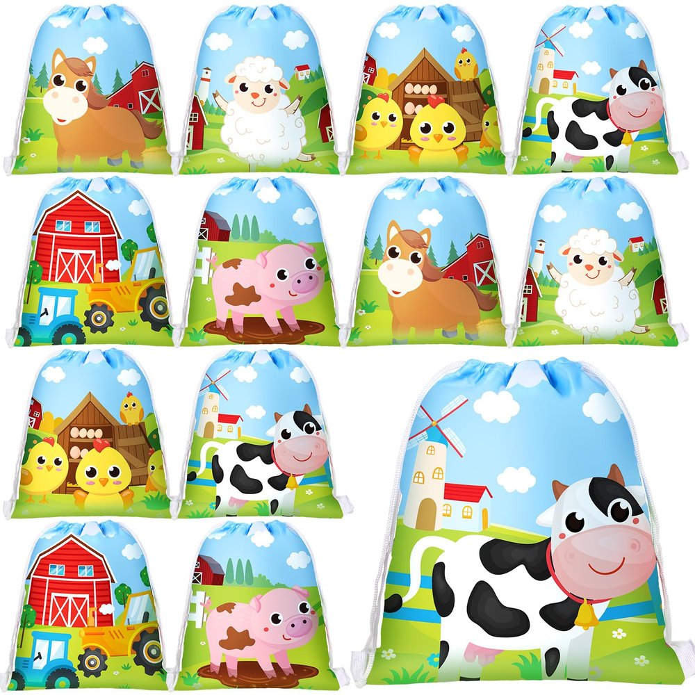Coume Adopt a Farm Animal Party Favor Farm Drawstring Bags 10 x 12 Inch Cow Chicken Sheep Horse Pig Bag for Kids Girls Boys Spring Summer Party Favor