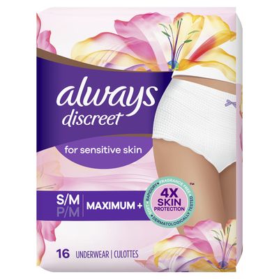 Always Discreet for Sensitive Skin Maximum Plus Underwear White 16 Count (Pack of 1)