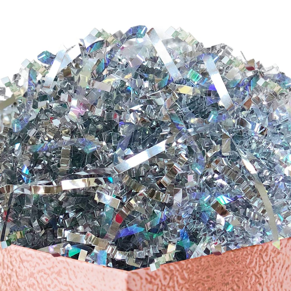 UNIQOOO 1 LB Metallic Iridescent Silver Crinkle Cut Paper Shredded Filler, Sparkle Crystal Unicorn Silver Paper Shreds Raffia Tissue, Craft Bedding Cushion for Christmas Wedding Birthday Bridesmaid