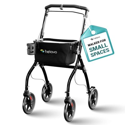 Helavo Lightweight Foldable Narrow Walker for Small Spaces  23.6" Wide, Indoor Walker for Seniors with Tray, Adjustable Height, 8" Wheels, Easy Braking, Ideal for Tight Spaces