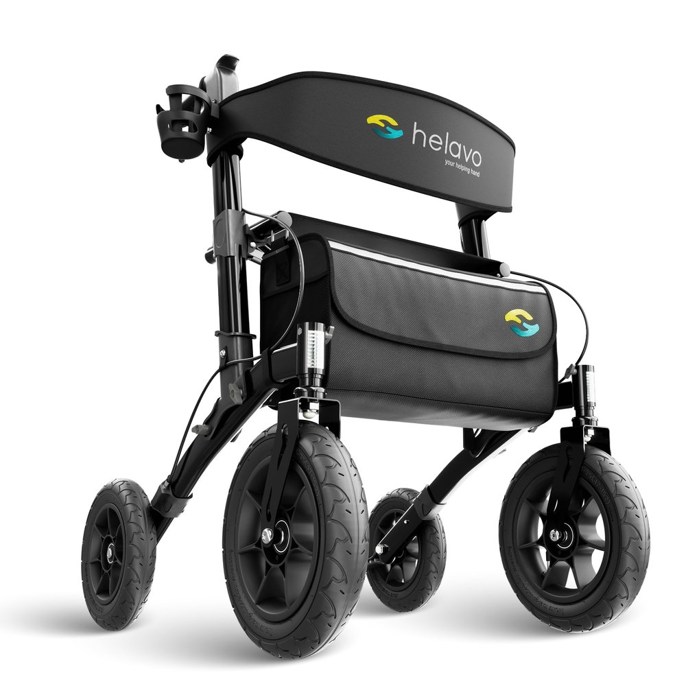 Helavo All Terrain Walker Rollator with 12 Pneumatic Tires Foldable Outdoor Walkers for Seniors with Seat, Lightweight & Adjustable Height, Shock-Absorbing for Comfort on Any Surface