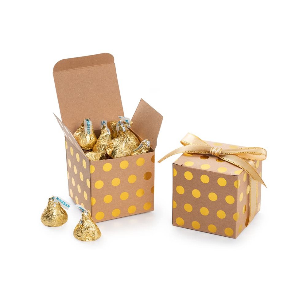 AWELL Kraft Gift Candy Box with Gold Dots Bulk 2x2x2 inches with Ribbon Party Favor Box for Vintage Birthday Wedding Graduation Party, Gold Dots,Pack of 50
