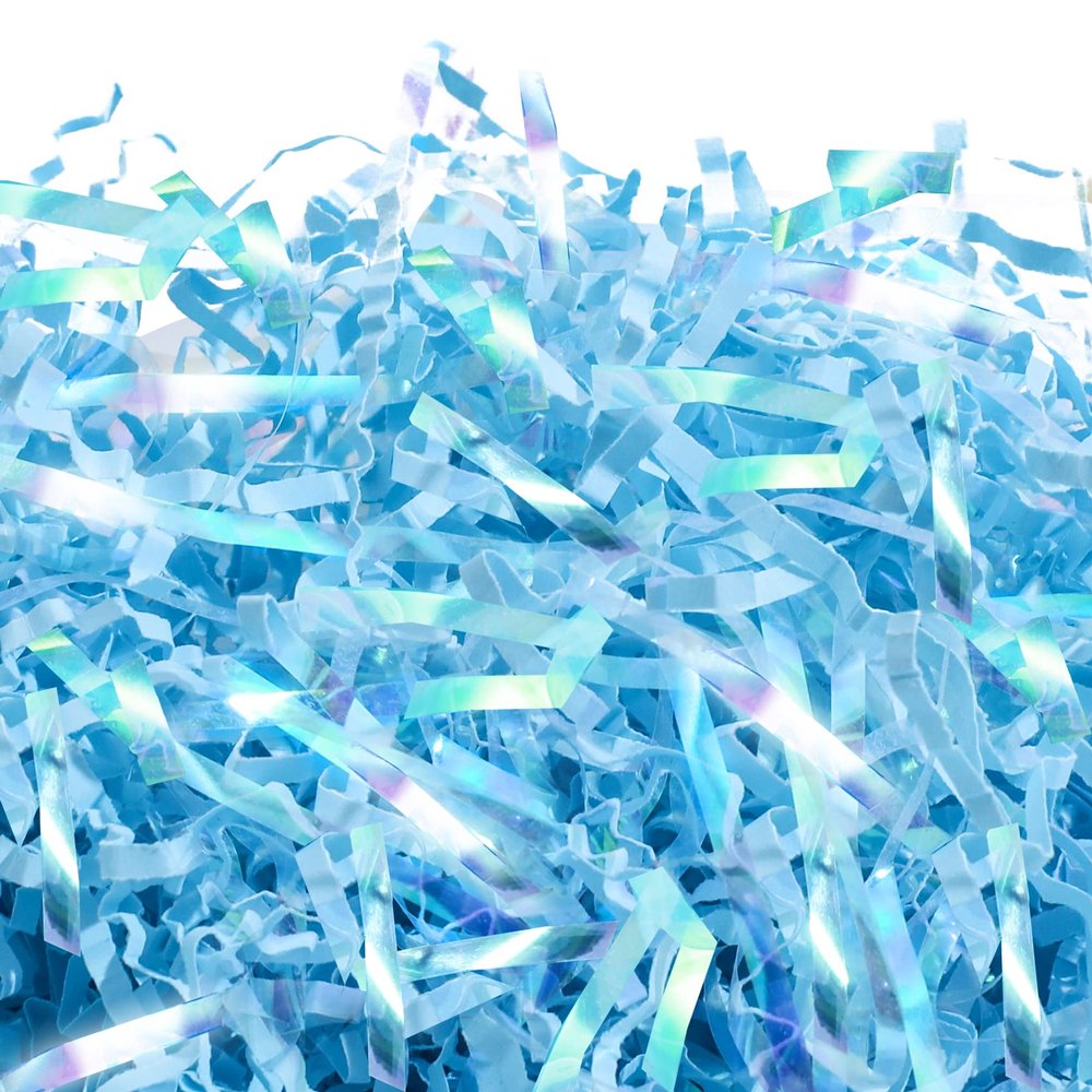 UNIQOOO 1 LB Iridescent Baby Blue Crinkle Cut Paper Filler Shreds for Gift Box, Sparkling Easter Grass Shredded Paper Raffia Tissue, Craft Bedding Cushion for Baby Shower Wedding Birthday Bridesmaid