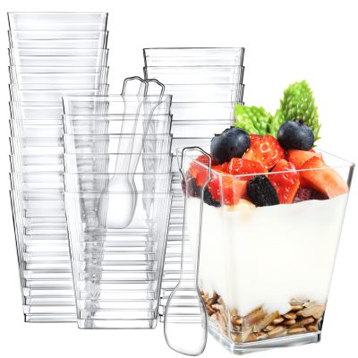 Eupako 50 Pack 5 oz Square Clear Plastic Dessert Cups with Spoons Small Clear Plastic Tumbler Cups Great for Desserts, Appetizers, Puddings, Mousse