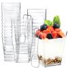 Eupako 50 Pack 5 oz Square Clear Plastic Dessert Cups with Spoons Small Clear Plastic Tumbler Cups Great for Desserts, Appetizers, Puddings, Mousse view 1
