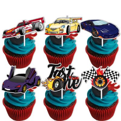 18pcs Glitter Race Car Dessert Cupcake Topper Fast One Theme Decor Supplies Baby Shower Boy Girl Happy Birthday Party Decorations