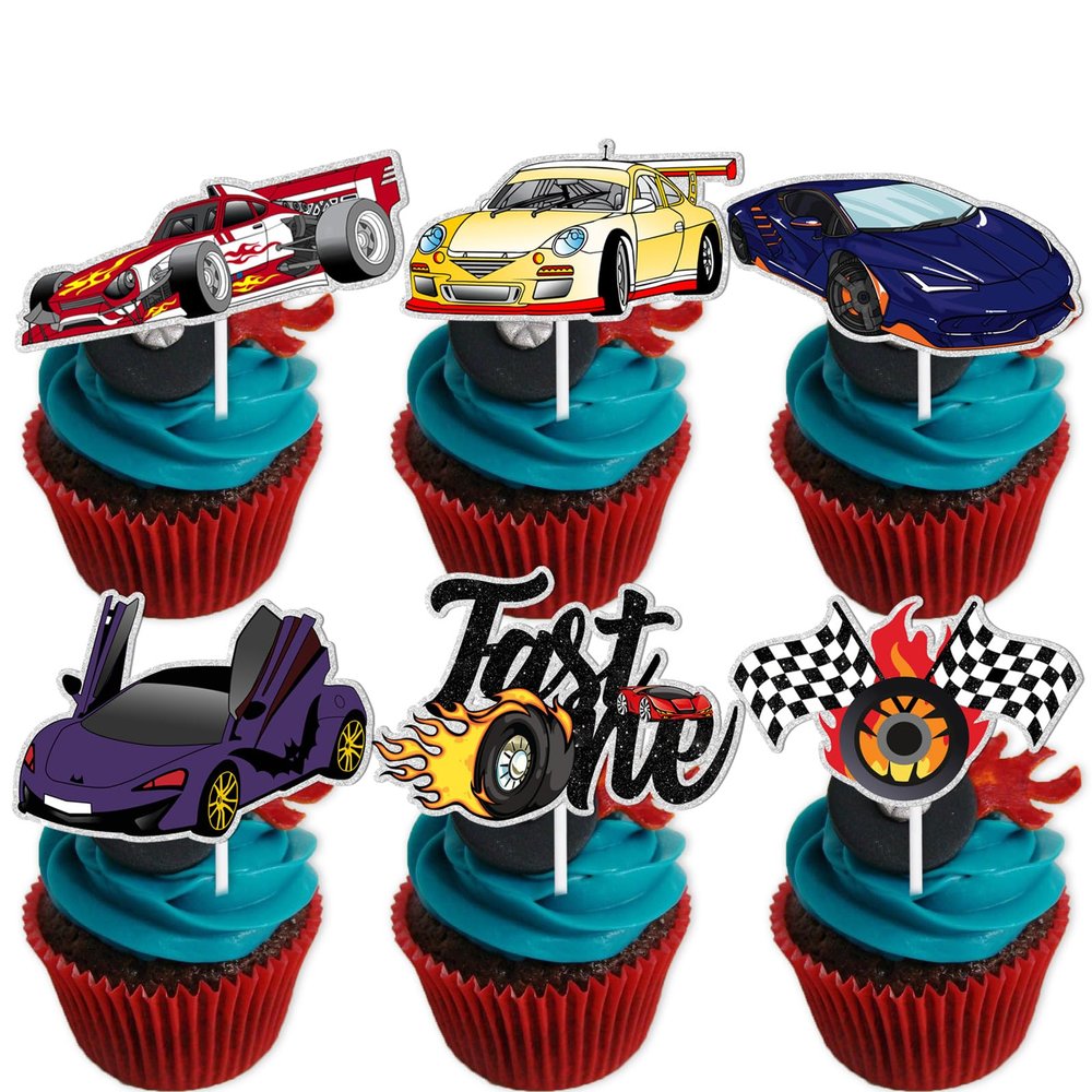 18pcs Glitter Race Car Dessert Cupcake Topper Fast One Theme Decor Supplies Baby Shower Boy Girl Happy Birthday Party Decorations