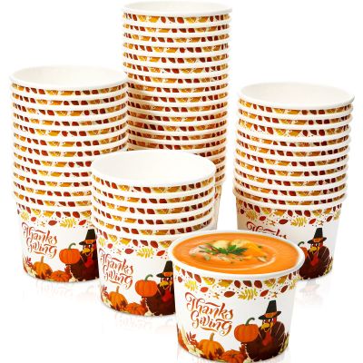 Potchen 50 Pack 9 oz Thanksgiving Day Disposable Paper Cups Fall Themed Disposable Dessert Bowls Paper Snack Cups Paper Soup Cups Fall Party Supplies for Hot or Cold Food Party Supplie(Turkey)