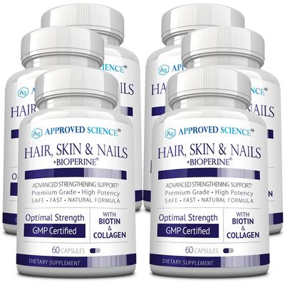 Approved Science Hair, Skin and Nails - Support Supplement - Biotin, Collagen, Vitamin B Complex, Silica, BioPerine - 360 Capsules - 6 Month Supply