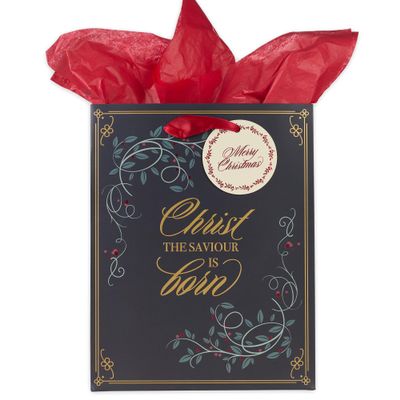Christian Art Gifts Christmas Holiday Portrait Style Gift Bag & Tissue Paper Set w/Tag: Christ the Savior is Born - Silent Night Carol Wrapping Essential for Presents, Black, Gold, & Red, Medium