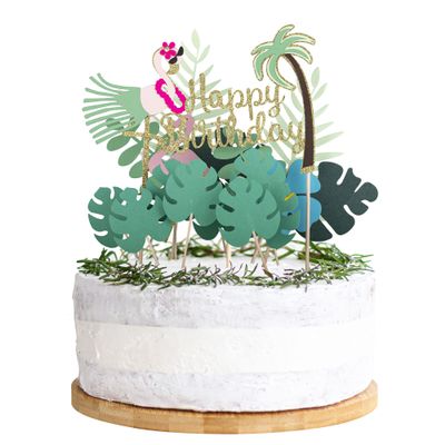 13Pcs Glitter Flamingo Happy Birthday Cake Toppers Kit Tropical Palm Leaves Cupcake Toppers Flamingo Birthday Supplies Tropical Hawaiian Themed Party Supplies