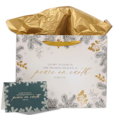 Christian Art Gifts Christmas Holiday Landscape Style Gift Bag Set w/Festive Greeting Card & Tissue Paper - Glory to God in the Highest - Luke 2:14 Inspirational Bible Verse, White & Gold, Large
