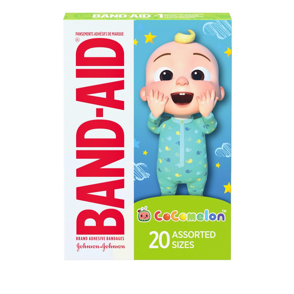 Band-Aid Brand Adhesive First Aid Bandages for Kids & Toddlers Featuring Moonbug CoComelon Characters, Sterile Individually Wrapped Bandages for Minor Cuts & Scrapes, Assorted Sizes, 20 Ct