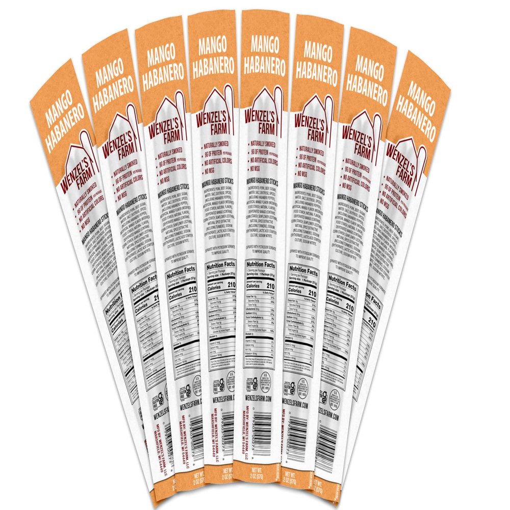 Wenzels Farm Mango Habanero Sticks Supports Active Lifestyles  Flavorful, Natural Smoked  High Protein, Low Carb  No MSG, Fillers, Binders, Artificial Colors  Gluten Free | 16 sticks (8 packs of 2)
