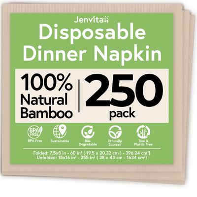 Jenvita 100% Bamboo Compostable Napkins (250-Pack) | Heavy Duty Napkins for Lunch, Dinner, Events, Occasions & Entertaining | Eco Friendly | 3-Ply FSC Certified | Bamboo Paper Towels | 7.5 x 8 Inch