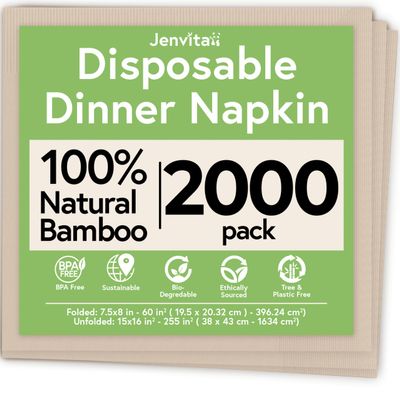 Jenvita 100% Bamboo Compostable Napkins (2000-Pack) | Heavy Duty Napkins for Lunch, Dinner, Events, Occasions & Entertaining | Eco Friendly | 3-Ply FSC Certified | Bamboo Paper Towels | 7.5 x 8 Inch