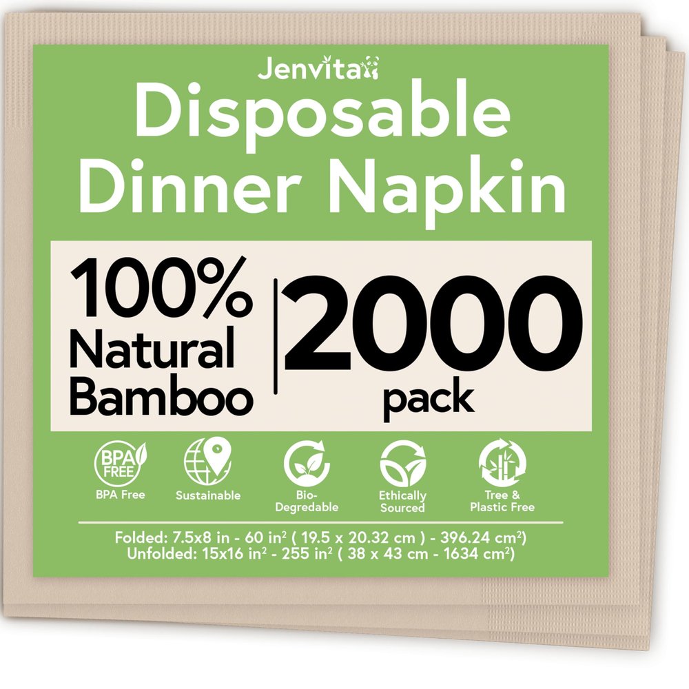 Jenvita 100% Bamboo Compostable Napkins (2000-Pack) | Heavy Duty Napkins for Lunch, Dinner, Events, Occasions & Entertaining | Eco Friendly | 3-Ply FSC Certified | Bamboo Paper Towels | 7.5 x 8 Inch