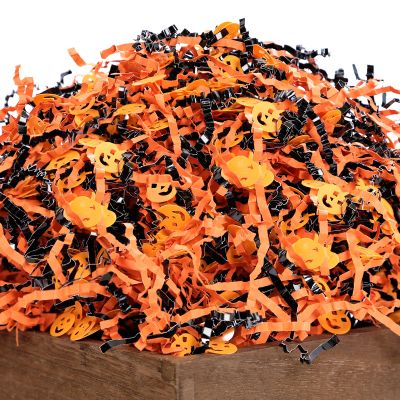 UNIQOOO 16oz Halloween Crinkle Cut Paper, Metallic Black Orange Shredded Paper Raffia Filler w/Pumpkin Confetti, Trick or Treat Candy Gift Basket Box Craft Bedding Cushion, Birthday Party Packaging