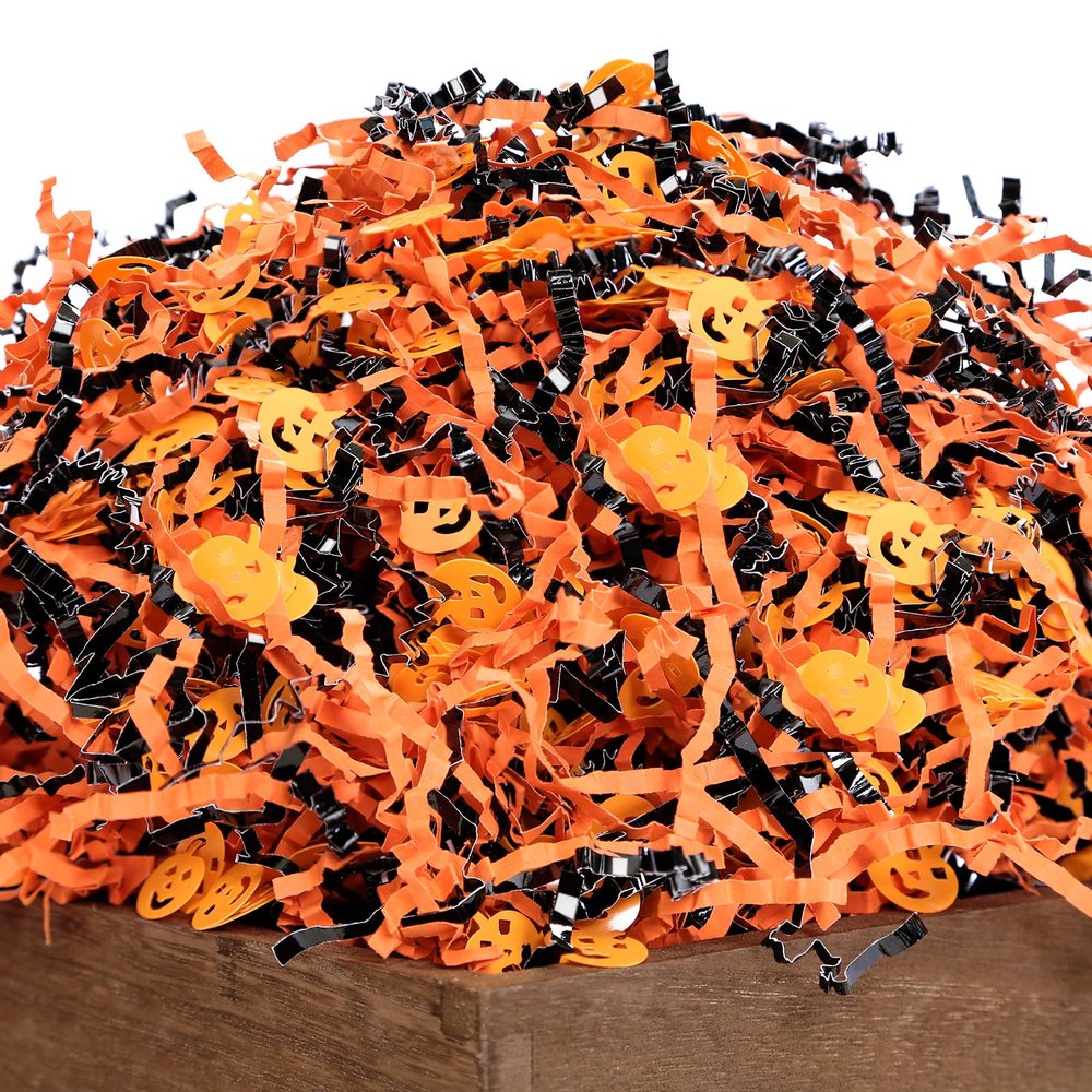 UNIQOOO 16oz Halloween Crinkle Cut Paper, Metallic Black Orange Shredded Paper Raffia Filler w/Pumpkin Confetti, Trick or Treat Candy Gift Basket Box Craft Bedding Cushion, Birthday Party Packaging