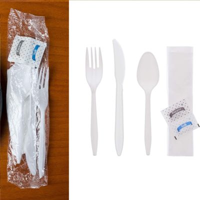 100 White Plastic Cutlery Packets - Knife, Fork, Spoon, Napkin, Salt, Pepper Sets | Individually Wrapped Disposable Silverware