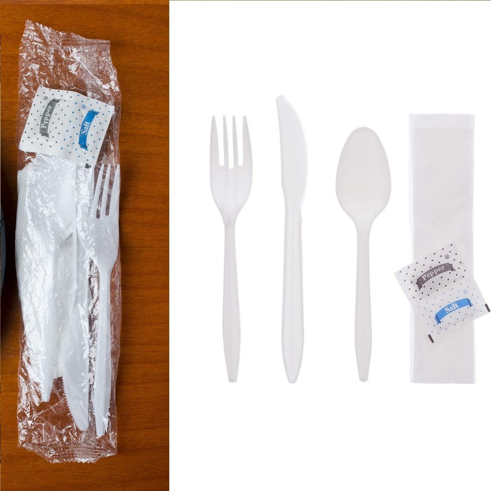 100 White Plastic Cutlery Packets - Knife, Fork, Spoon, Napkin, Salt, Pepper Sets | Individually Wrapped Disposable Silverware