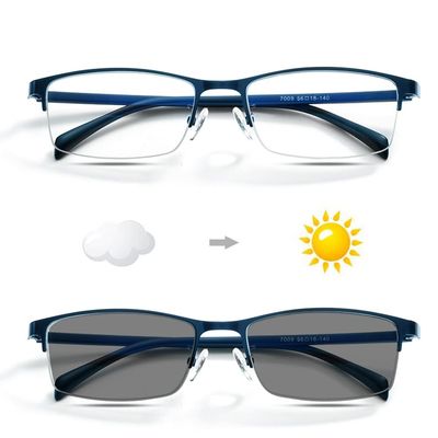 LKP Photochromic Reading Glasses Progressive Multifocus Transition Glasses Men Sunglasses Blue Light Blocking Half Frame (Color : Blue, Size : 1.00)