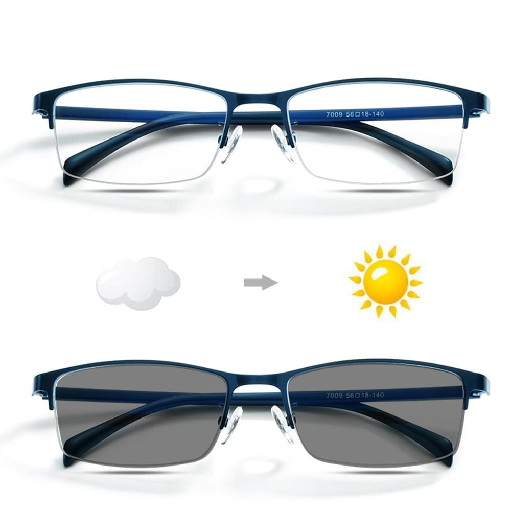LKP Photochromic Reading Glasses Progressive Multifocus Transition Glasses Men Sunglasses Blue Light Blocking Half Frame (Color : Blue, Size : 1.00)