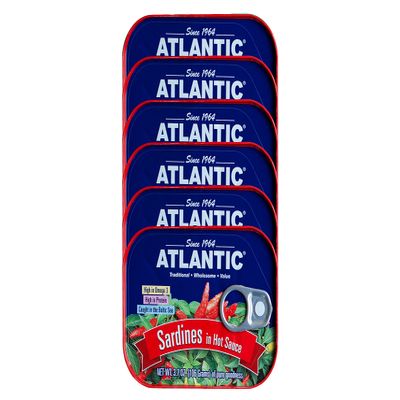 ATLANTIC - Wild Caught Sardines, Keto & Paleo Friendly, Total 22.2oz (Six Cans) (Hot Sauce)