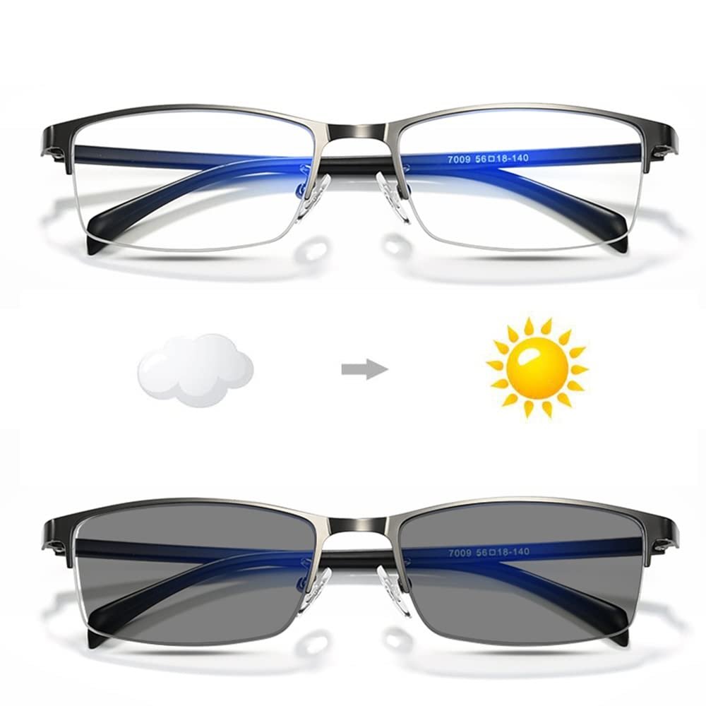 LKP Photochromic Reading Glasses Progressive Multifocus Transition Glasses Men Sunglasses Blue Light Blocking Half Frame(Silver grey,2.50)