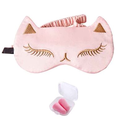 Cat Embroidered Soft Blindfold Eye Cover Eyeshade with Earplugs, Plane Travel Nap Night Sleeping Eye Mask Silk Sleep Eye Mask Sleep Mask for Kids Men Women