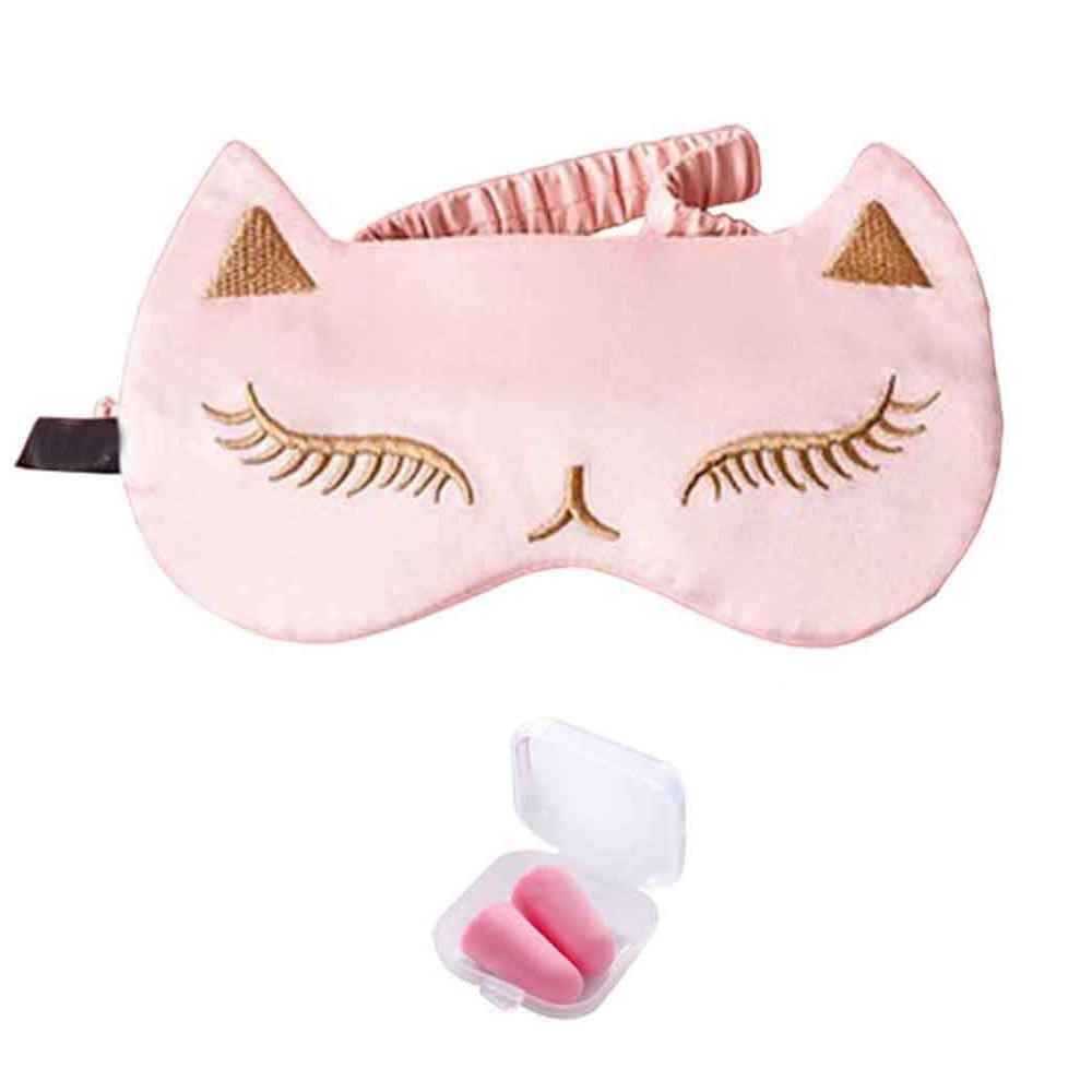 Cat Embroidered Soft Blindfold Eye Cover Eyeshade with Earplugs, Plane Travel Nap Night Sleeping Eye Mask Silk Sleep Eye Mask Sleep Mask for Kids Men Women