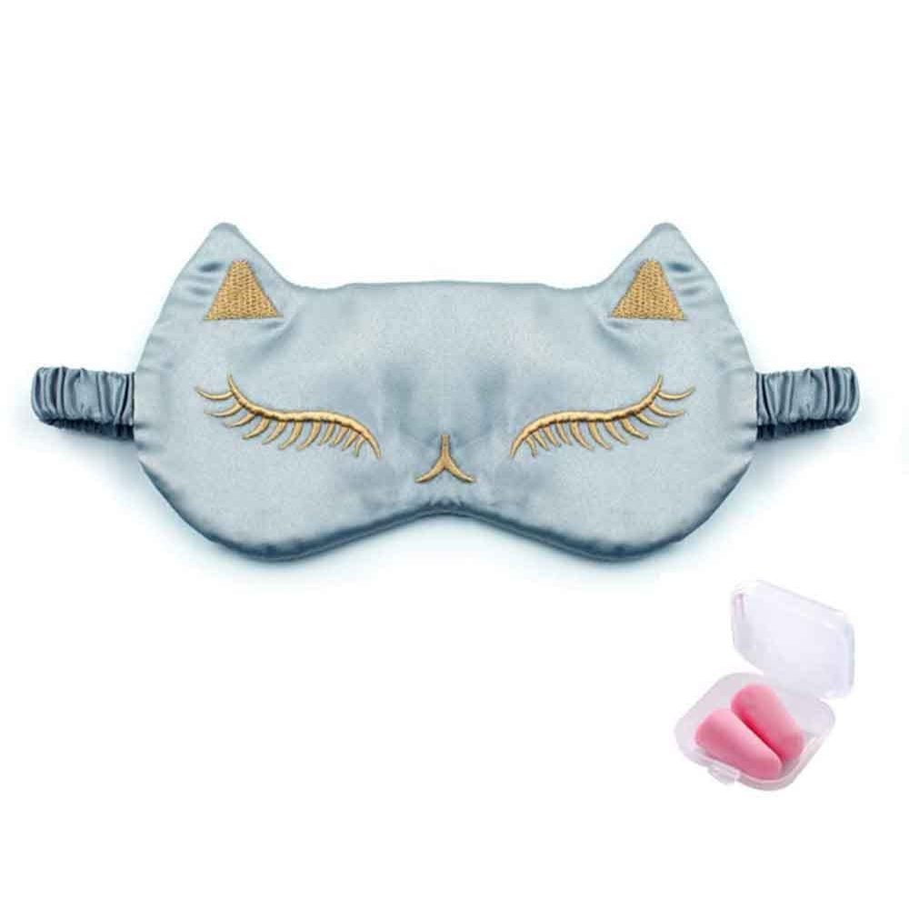 Cat Embroidered Soft Blindfold Eye Cover Eyeshade with Earplugs, Plane Travel Nap Night Sleeping Eye Mask Silk Sleep Eye Mask Sleep Mask for Kids Men Women